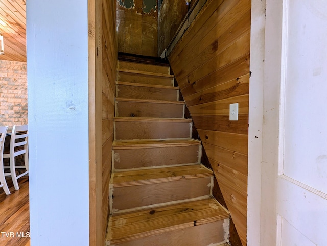 staircase with wood walls