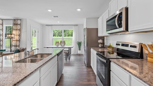 kitchen with sink, dark hardwood / wood-style flooring, stainless steel appliances, light stone countertops, and white cabinets