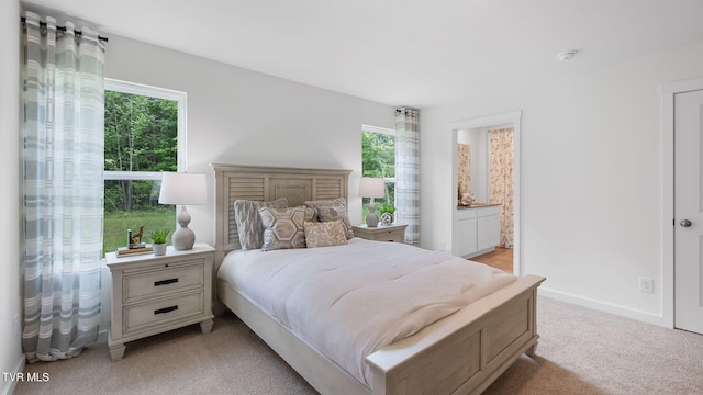 carpeted bedroom with ensuite bathroom