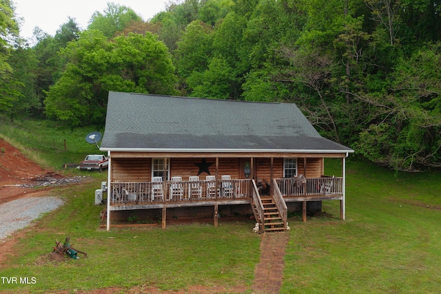 109 Triangle B Dr, Erwin, TN 37650 - cabin featuring a front yard, covered porch, a view of trees, and stairway