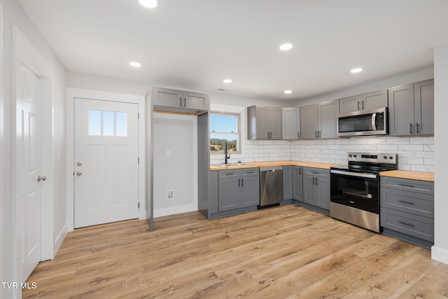 kitchen with wood counters, gray cabinetry, light wood-type flooring, appliances with stainless steel finishes, and backsplash