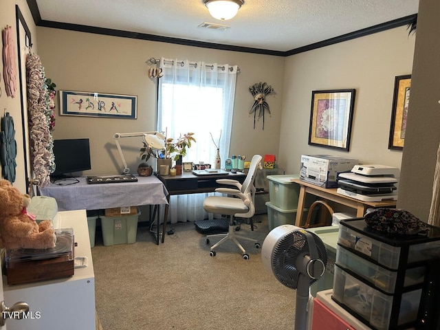 office area featuring crown molding, carpet floors, and a textured ceiling