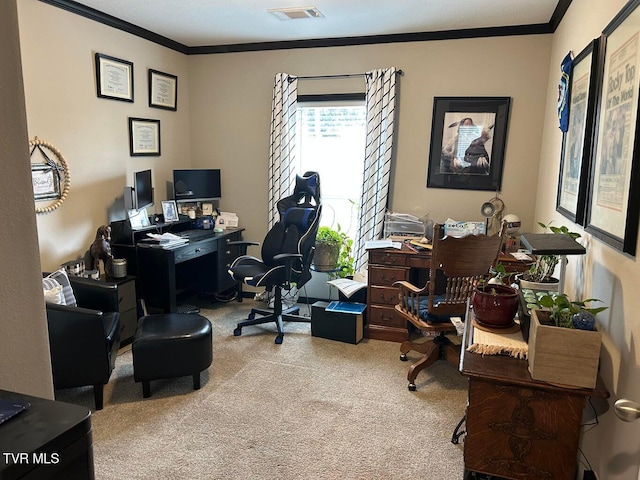 office area featuring ornamental molding and light colored carpet