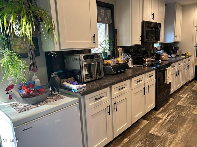 kitchen featuring white cabinetry, dark hardwood / wood-style floors, and black appliances