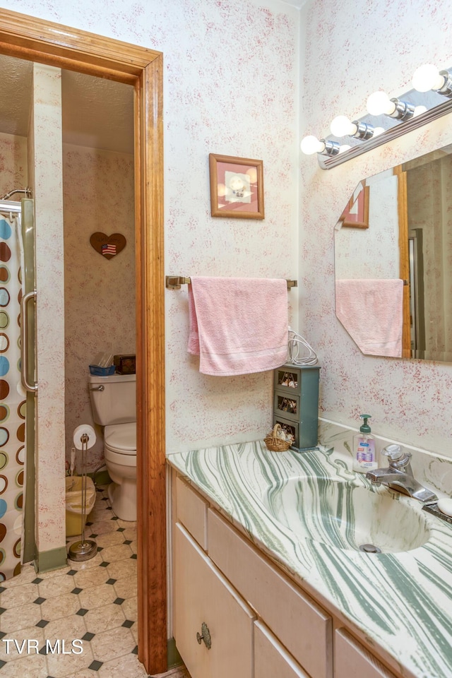 bathroom with vanity, toilet, and curtained shower