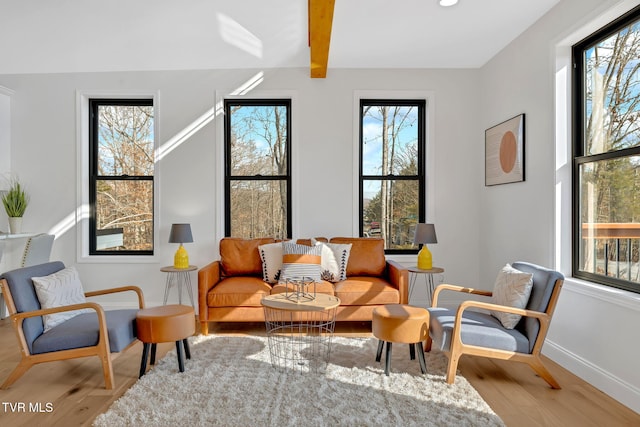 living area with a healthy amount of sunlight, beam ceiling, and light hardwood / wood-style flooring