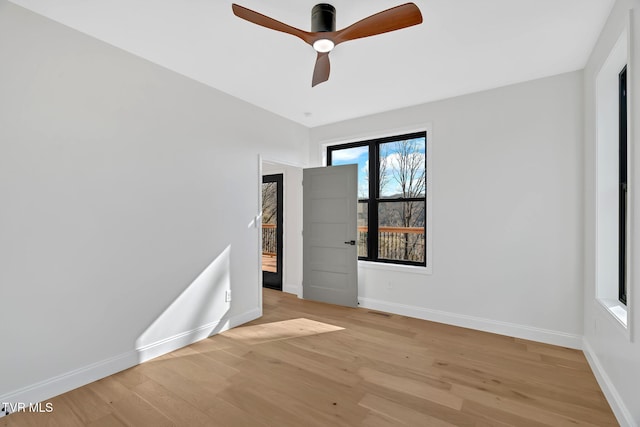 spare room with ceiling fan and light hardwood / wood-style floors