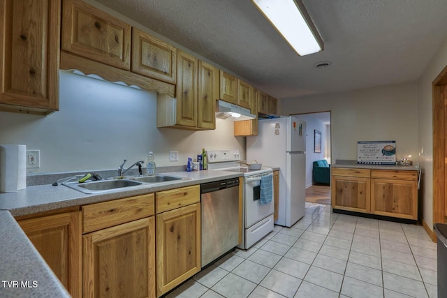 kitchen featuring sink, a textured ceiling, light tile patterned floors, stainless steel dishwasher, and white range with electric stovetop