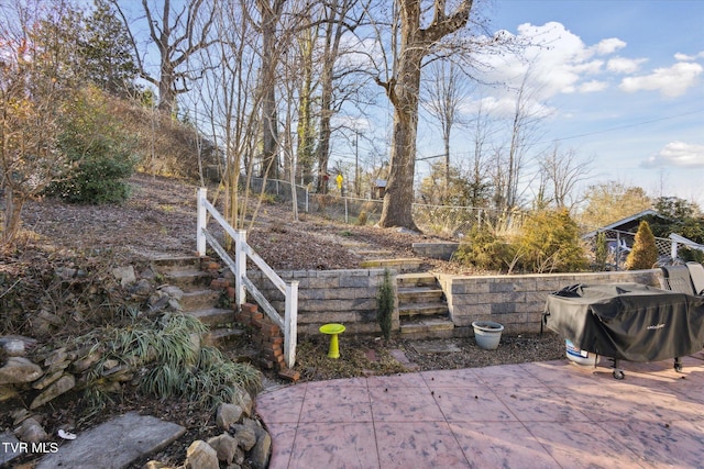 view of patio / terrace with a grill and fence