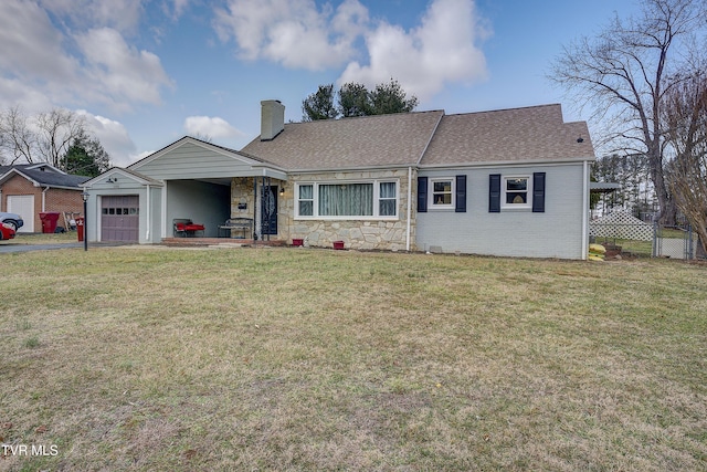 single story home featuring a front yard, brick siding, a chimney, and an attached garage