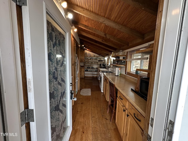 kitchen with high end range, wood ceiling, lofted ceiling with beams, and light wood-type flooring