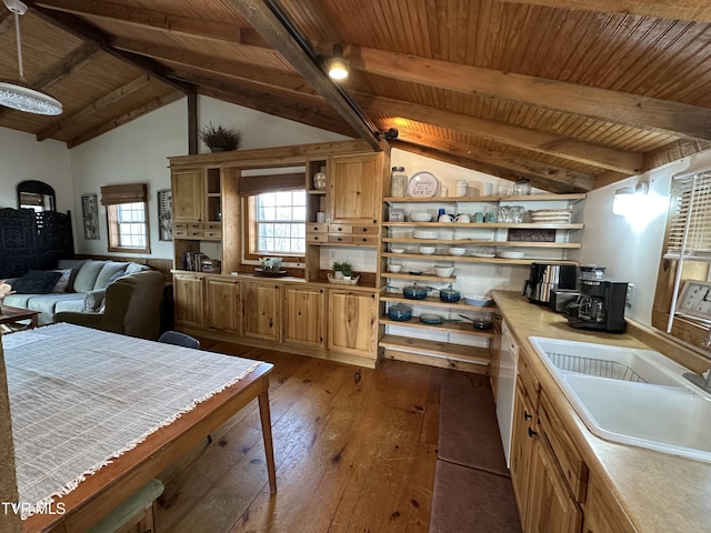 kitchen featuring lofted ceiling with beams, sink, hardwood / wood-style floors, and wooden ceiling