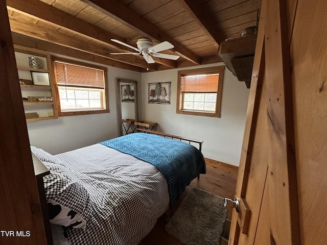 bedroom with wood ceiling, wood-type flooring, and beamed ceiling