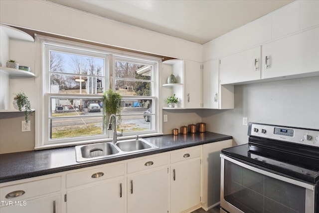 kitchen featuring white cabinetry, sink, and stainless steel electric range oven