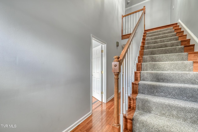 stairs with hardwood / wood-style flooring and a high ceiling