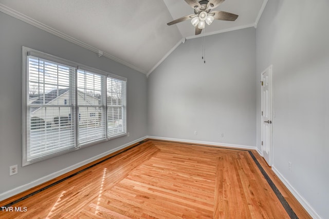 unfurnished room featuring crown molding, vaulted ceiling, hardwood / wood-style floors, and ceiling fan