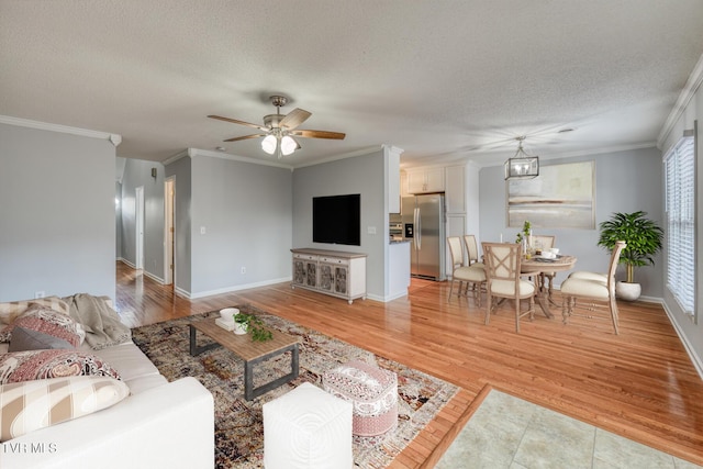 living room featuring ceiling fan, ornamental molding, wood-type flooring, and a textured ceiling