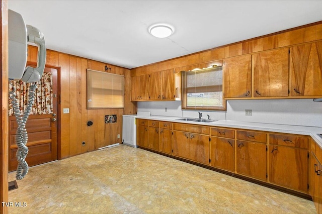 kitchen with sink and wood walls