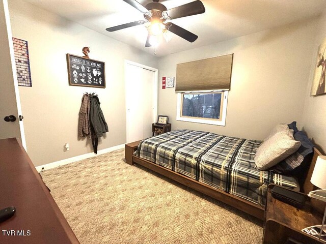 bedroom featuring a closet, ceiling fan, and carpet