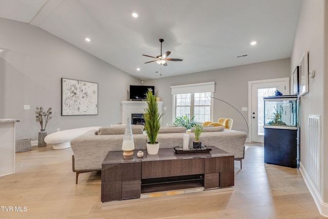 262 Harps Ln, Gray, TN 37615 - living area featuring ceiling fan, lofted ceiling, light wood-style floors, a fireplace, and recessed lighting