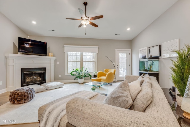 262 Harps Ln, Gray, TN 37615 - living area featuring ceiling fan, wood finished floors, recessed lighting, a fireplace, and baseboards