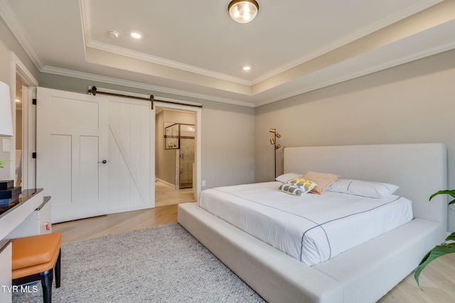262 Harps Ln, Gray, TN 37615 - bedroom featuring light wood-type flooring, a raised ceiling, crown molding, a barn door, and recessed lighting
