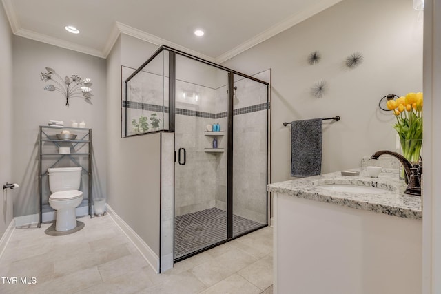 262 Harps Ln, Gray, TN 37615 - bathroom featuring baseboards, a stall shower, tile patterned flooring, toilet, and ornamental molding
