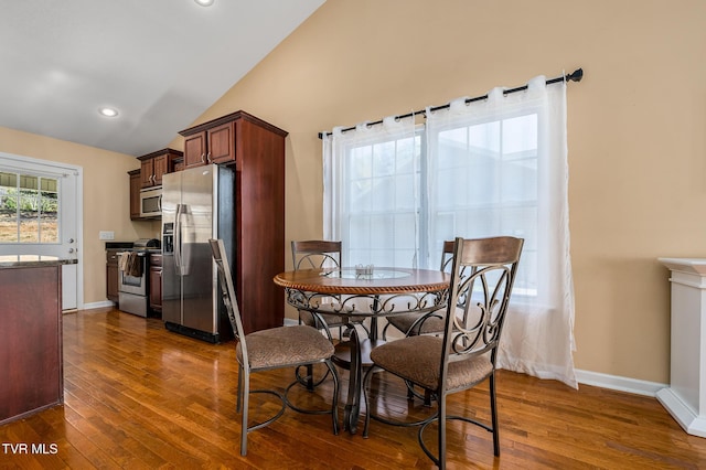 kitchen with lofted ceiling, stainless steel appliances, and dark hardwood / wood-style floors