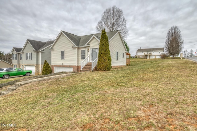 view of property exterior with a garage and a yard