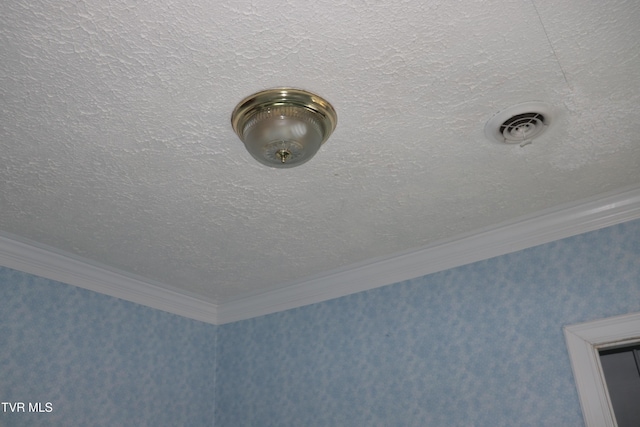 interior details featuring crown molding and a textured ceiling