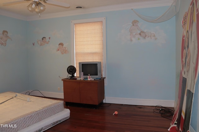 bedroom with crown molding and dark hardwood / wood-style flooring