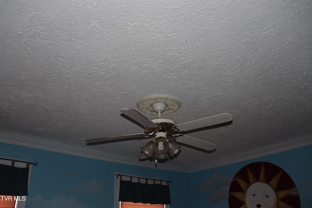 interior details featuring crown molding, ceiling fan, and a textured ceiling