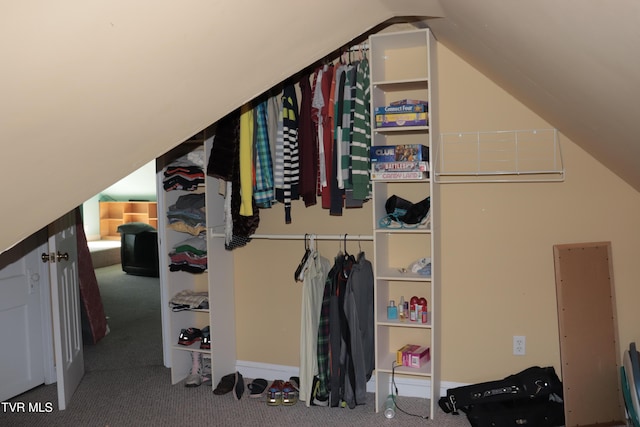 spacious closet featuring lofted ceiling and carpet floors