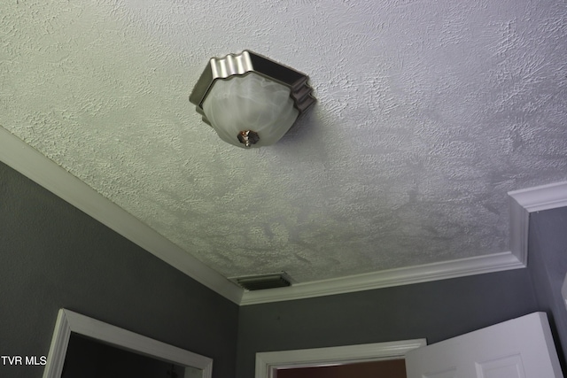 room details featuring crown molding and a textured ceiling