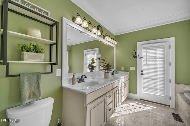 full bath with ornamental molding, visible vents, a sink, and double vanity