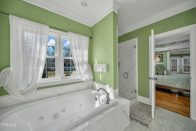 ensuite bathroom with a marble finish shower, baseboards, ensuite bath, a tub with jets, and crown molding