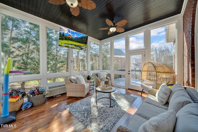 sunroom with wood ceiling and a ceiling fan