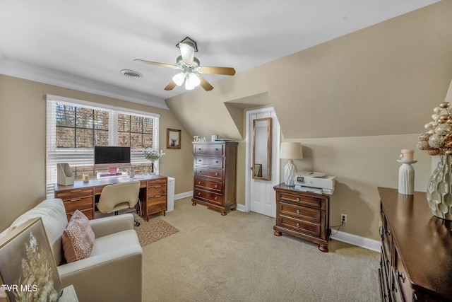 office space with lofted ceiling, light colored carpet, visible vents, ceiling fan, and baseboards