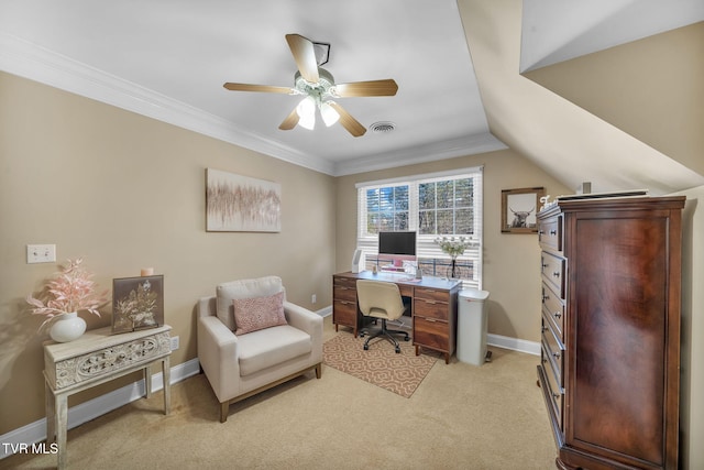 office with light carpet, baseboards, visible vents, and ornamental molding