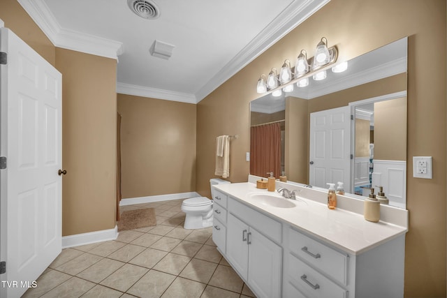 full bathroom with ornamental molding, visible vents, vanity, and tile patterned floors