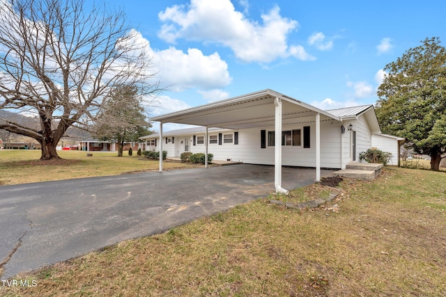 view of home's exterior featuring a lawn and a carport