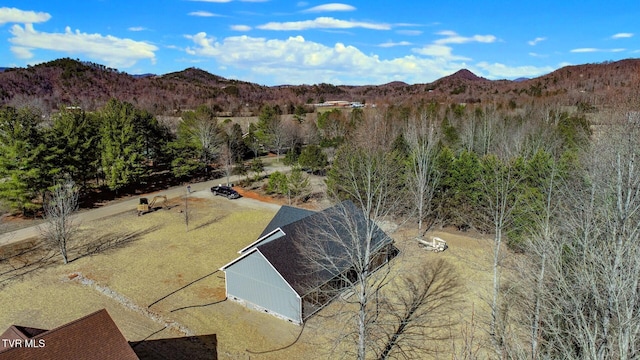 aerial view featuring a mountain view and a view of trees