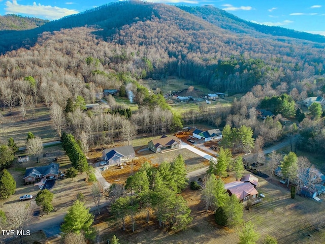 birds eye view of property featuring a mountain view and a wooded view