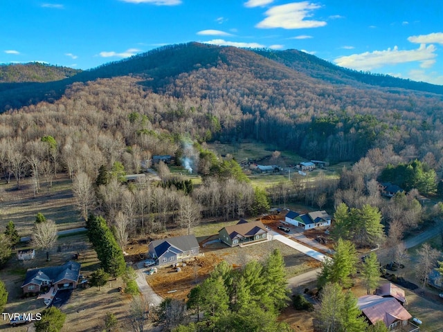 birds eye view of property featuring a wooded view and a mountain view