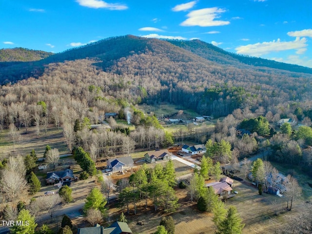 birds eye view of property featuring a mountain view and a wooded view