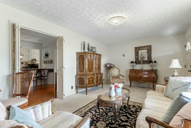 living room featuring carpet and a textured ceiling