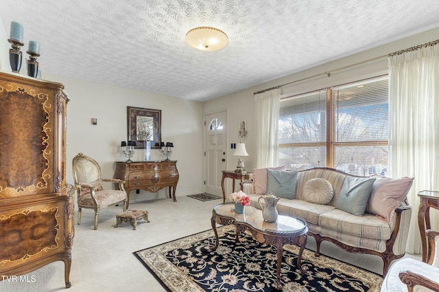 living area with baseboards, a textured ceiling, and carpet