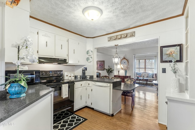 kitchen with light wood-type flooring, under cabinet range hood, black range with electric cooktop, white cabinets, and white dishwasher