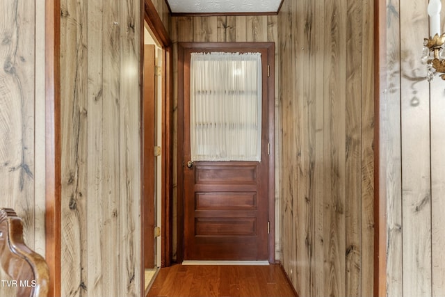 entryway with wood walls and wood finished floors