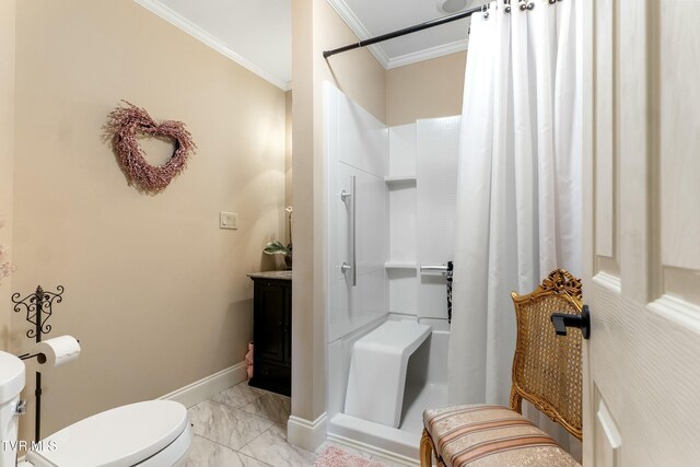 full bathroom featuring curtained shower, crown molding, baseboards, toilet, and marble finish floor